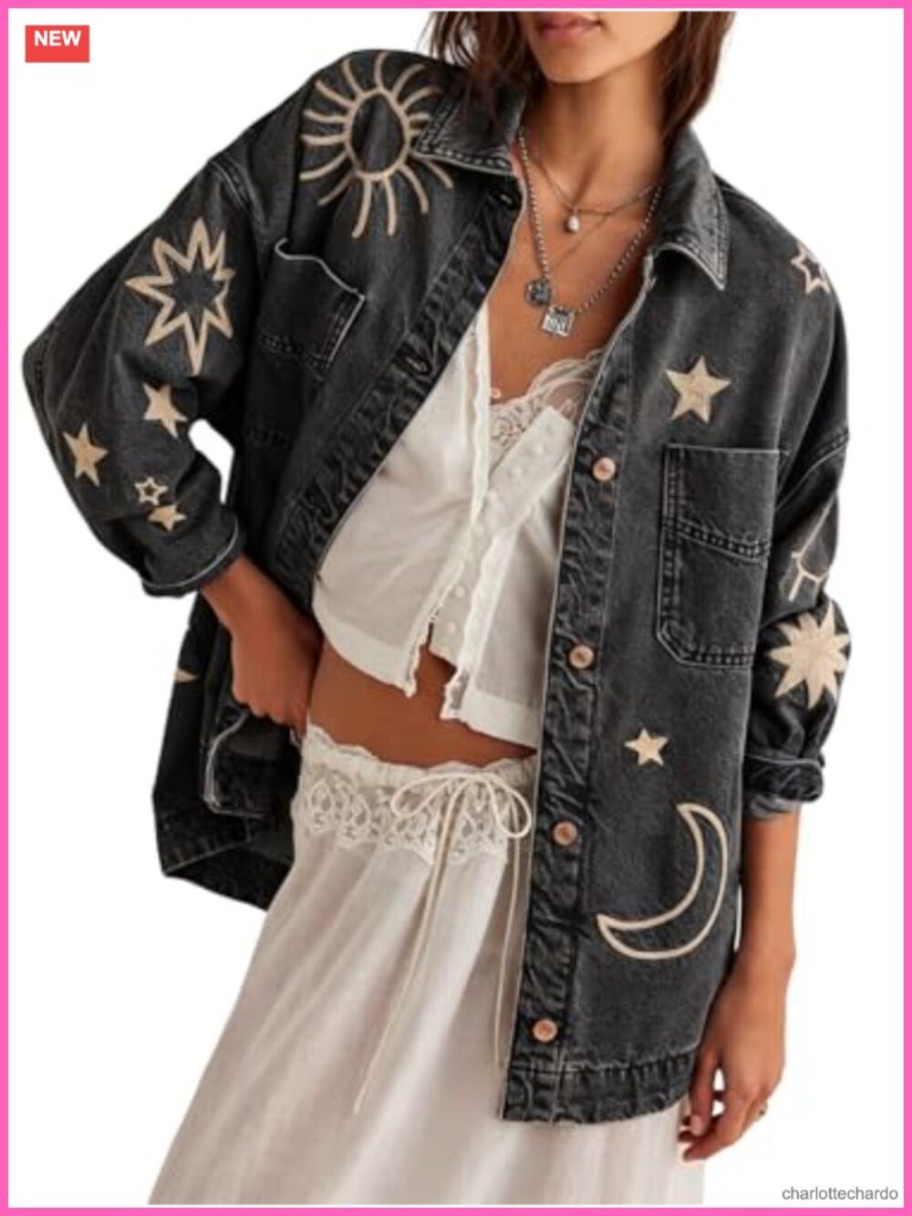 Vintage Oversized Denim Jacket with Embroidery, Relaxed Fit